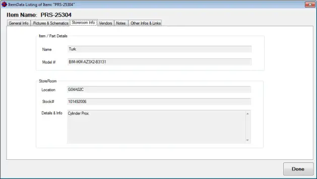 Detailed Info about the Item (Storeroom)